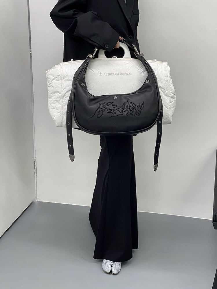 FUZZYKON Plush Black Embossed Embroidery Single Shoulder Bag