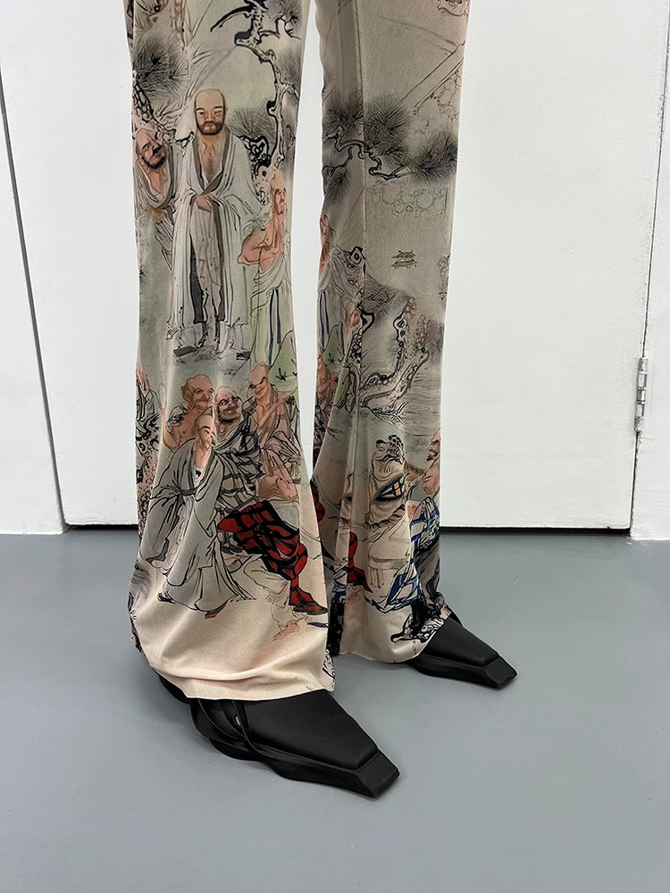 FUZZYKON New Chinese Style Print Elastic Mesh Flared Pants