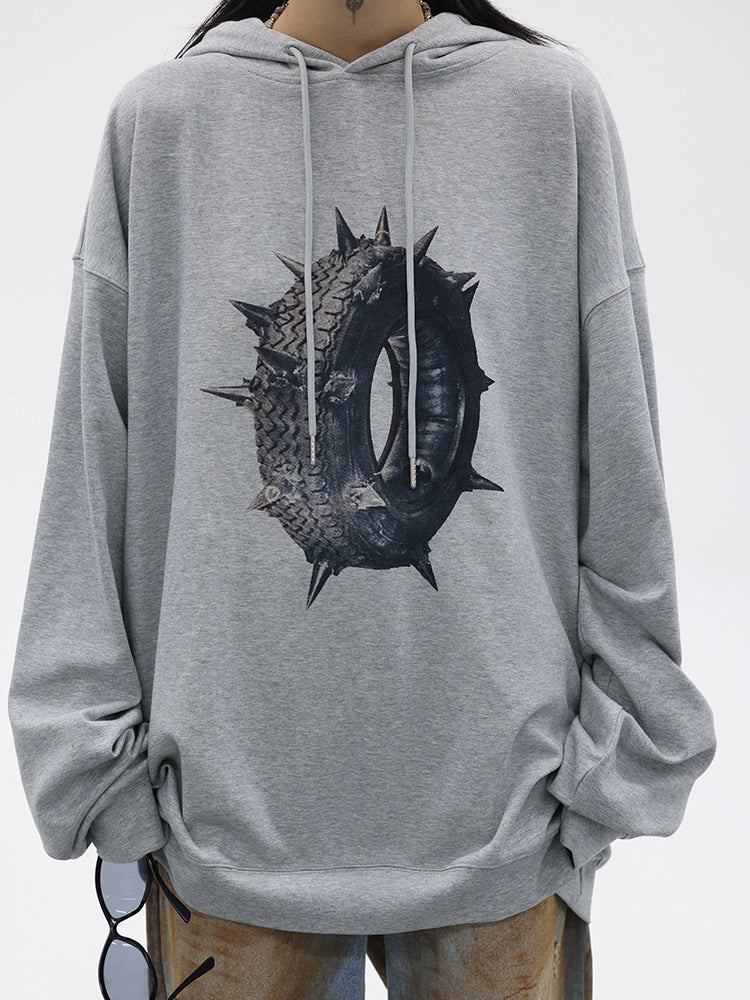 FUZZYKON Gray Hooded Oversized Thorn Tire Print Sweatshirt