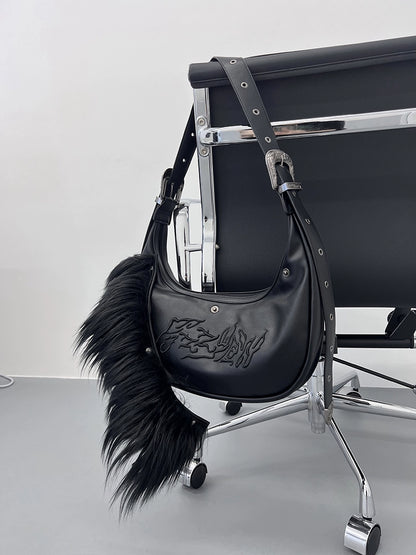 FUZZYKON Plush Black Embossed Embroidery Single Shoulder Bag