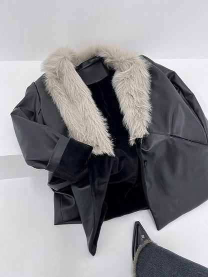 FUZZYKON Faux Fur Collar Leather Jacket