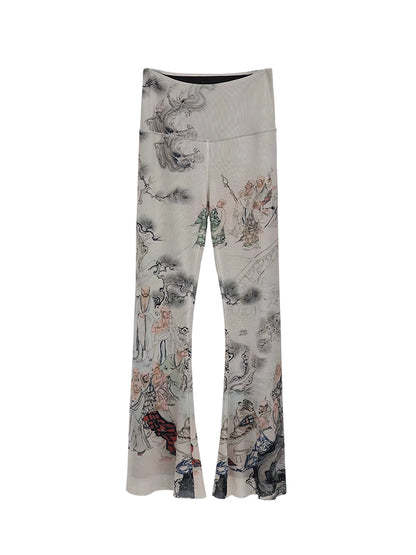 FUZZYKON New Chinese Style Print Elastic Mesh Flared Pants