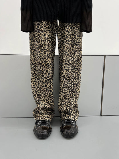 FUZZYKON Double-sided Flannel Pleated Loose Leopard Print Pants