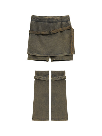 FUZZYKON Copper Brown High-Waisted Shorts Skirt with Leg Warmers