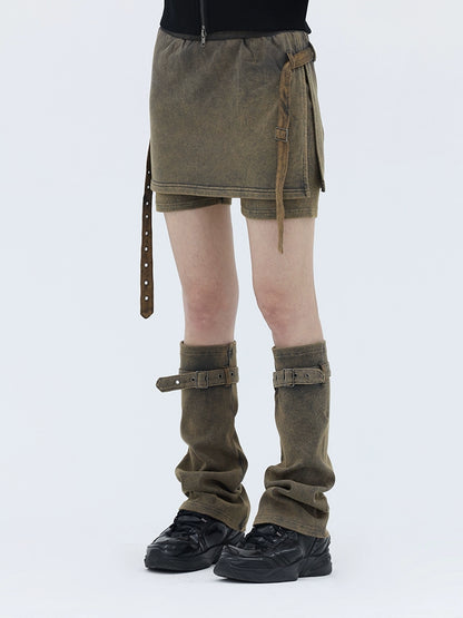 FUZZYKON Copper Brown High-Waisted Shorts Skirt with Leg Warmers